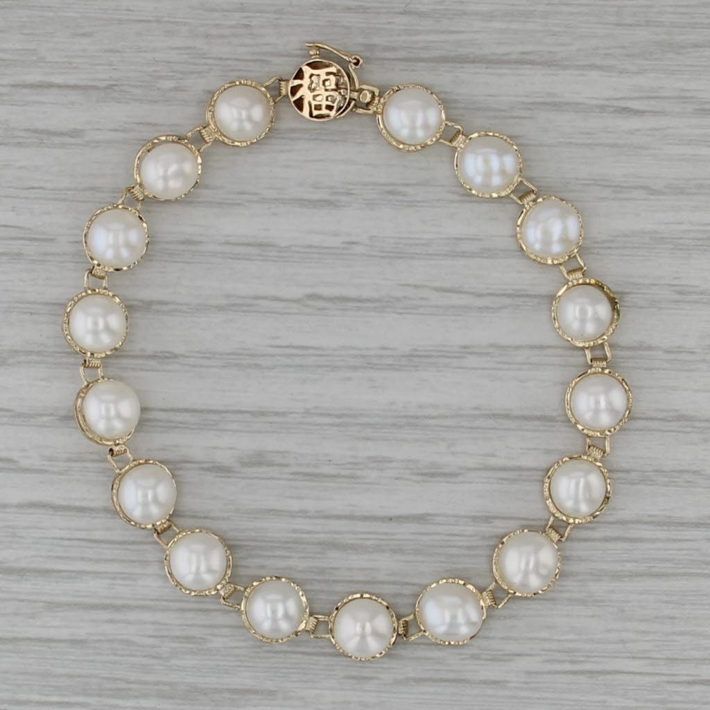 Cultured Pearl Tennis Bracelet 14k Yellow Gold 7" 7.5mm Chinese Calligraphy