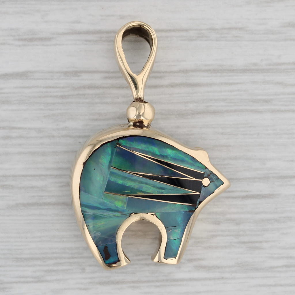 Gray Native American Stone Mosaic Bear Pendant 14k Yellow Gold Zuni Inlay