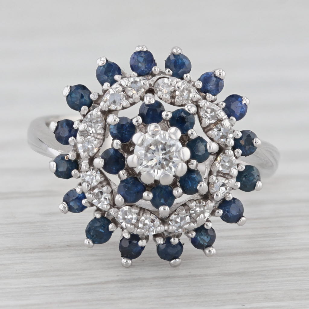 Gray 1ctw Blue Sapphire Diamond Tiered Halo Cluster Ring 14k White Gold Size 6.25