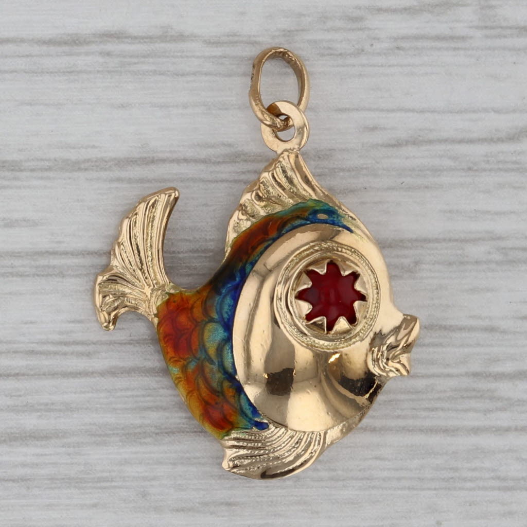 Gray Glass Eyed Fish Charm 18k Yellow Gold Enamel Pendant