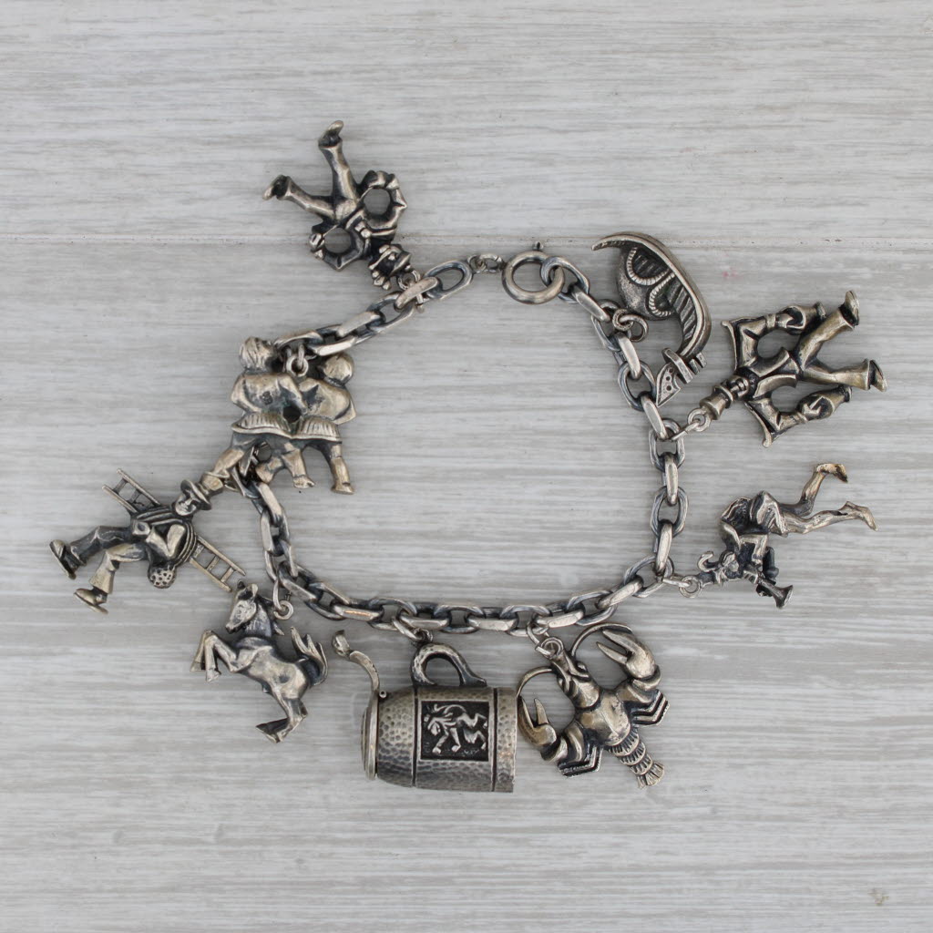 Gray Vintage Mixed Themed European Charm Bracelet Silver Stein Horse Figural 6.5"