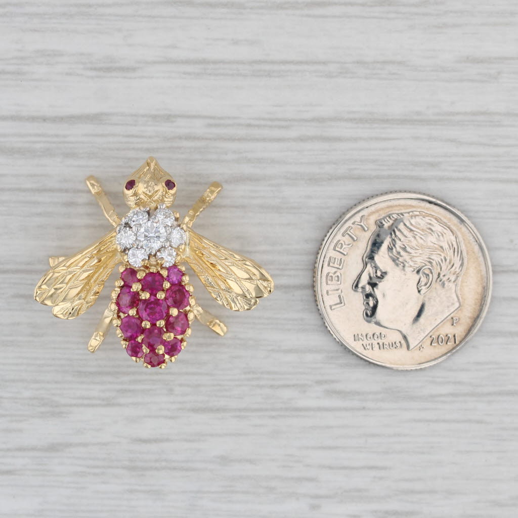 Gray 0.98ctw Ruby Diamond Bee Bug Brooch 18k Yellow Gold Pin