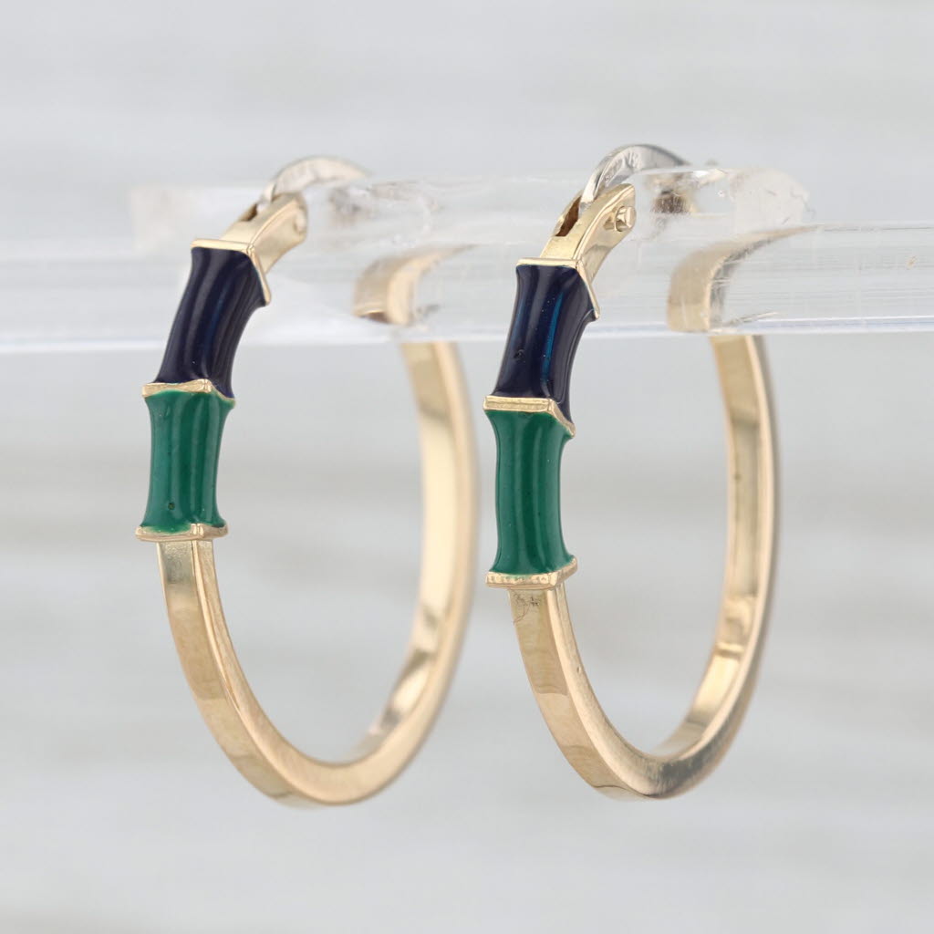 Blue Green Resin Hoop Earrings 18k Yellow Gold Snap Top Round Hoops
