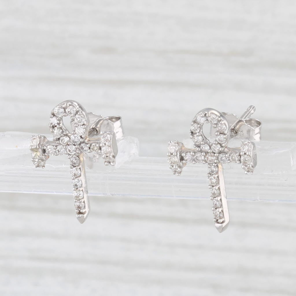 Light Gray 0.22ctw Diamond Egyptian Ankh Cross Stud Earrings 10k White Gold