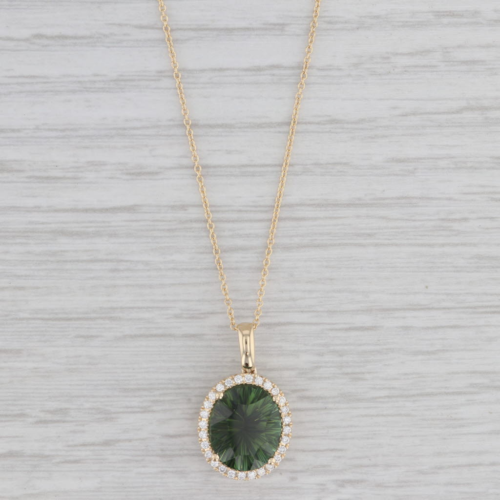 Gray New 4.71ctw Green Tourmaline Diamond Halo Pendant Necklace 14k Yellow Gold 18"