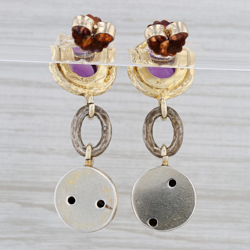 Gray Round Cabochon Amethyst Dangle Earrings Hammered Gold Plated Sterling Silver