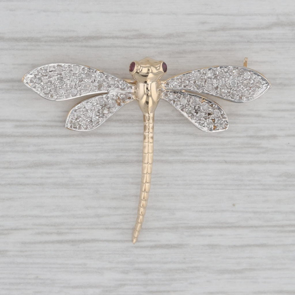 Gray 0.23ctw Diamond Ruby Dragonfly Brooch 14k Yellow White Gold Insect Pin