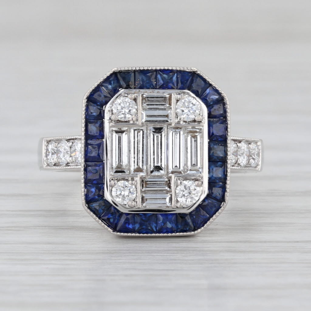 2.07ctw Diamond Blue Sapphire Halo Engagement Ring 18k White Gold Size 7