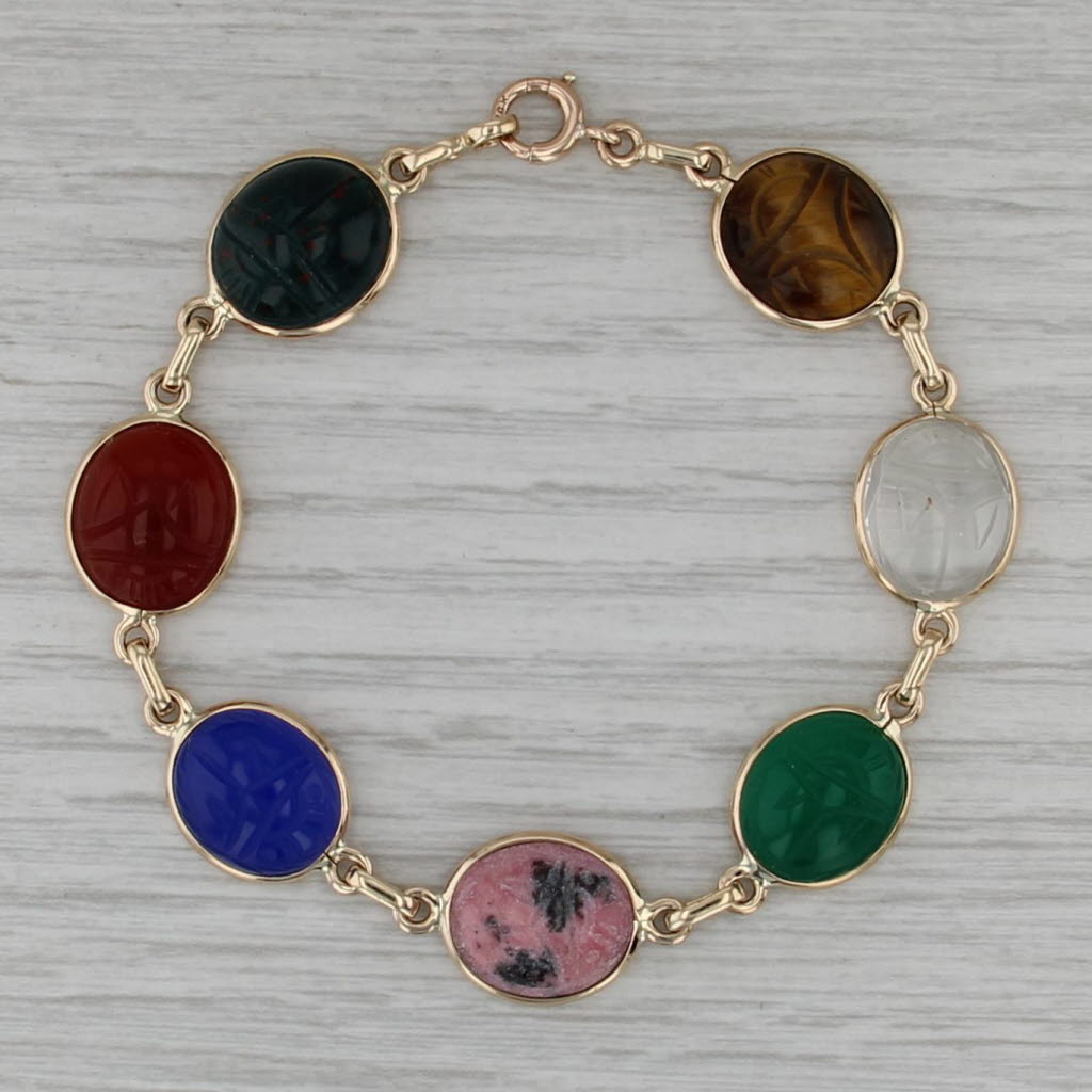 Carved Scarab Stone Bracelet 14k Gold Tiger's Eye Bloodstone Quartz Carnelian