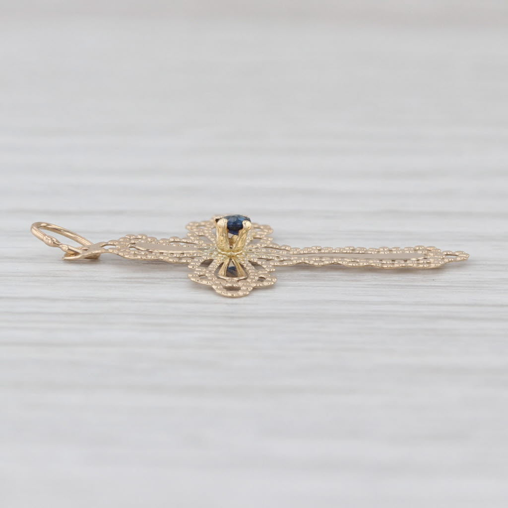 Sapphire Ornate Cross Pendant 14k Yellow Gold Thin Lightweight