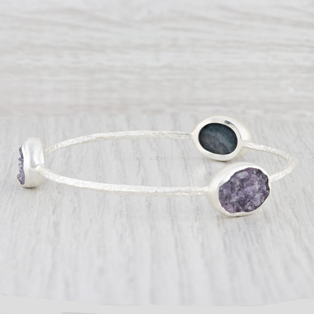 New Nina Wynn Amethyst Druzy Bangle Bracelet Sterling Silver 8.5” Statement
