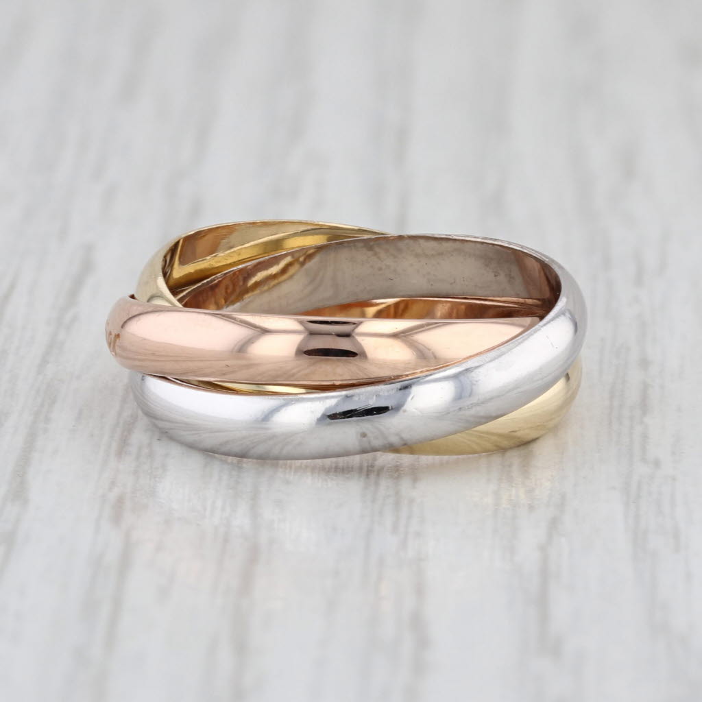 Cartier 3-Band Tri-Toned Puzzle Ring 18k Yellow White Rose Gold Size 8.5 / 58