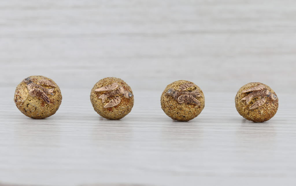 Victorian Diamond Bird Set of 4 Buttons 10k Yellow Gold Antique Studs