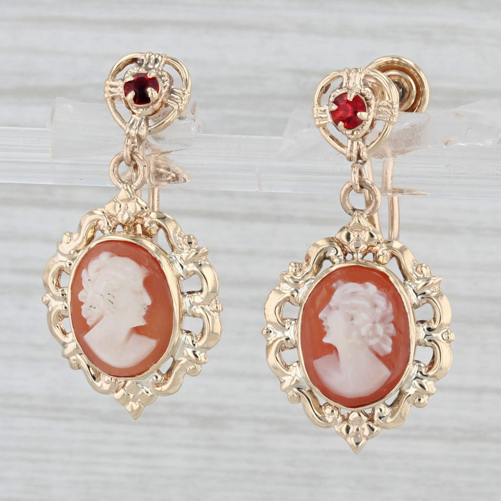 Light Gray Cameo Carved Shell Lab Created Ruby Dangle Earrings 10k Yellow Gold Screw Back