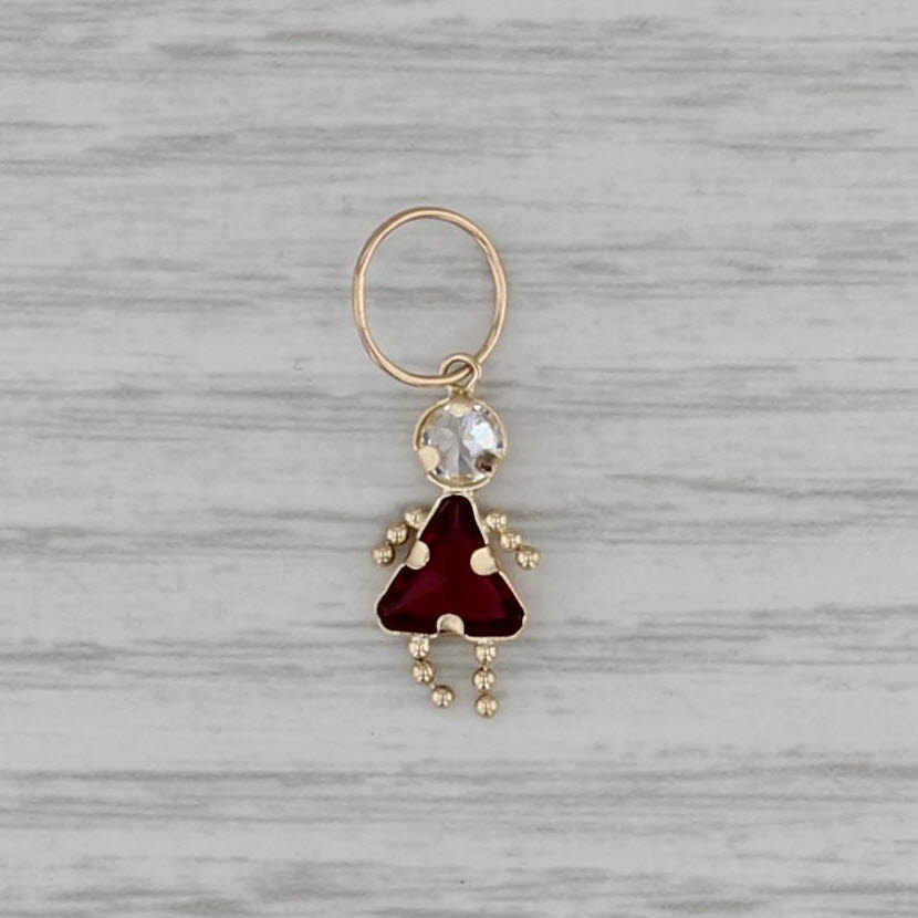 January Birthstone Girl Charm 14k Gold Imititation Garnet Cubic Zirconia Pendant