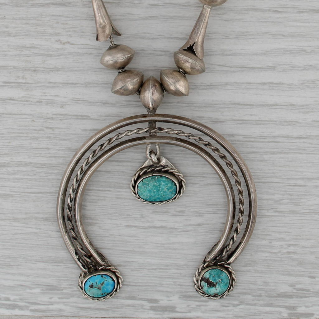Native American Squash Blossom Turquoise Crescent Bead Necklace Sterling Silver
