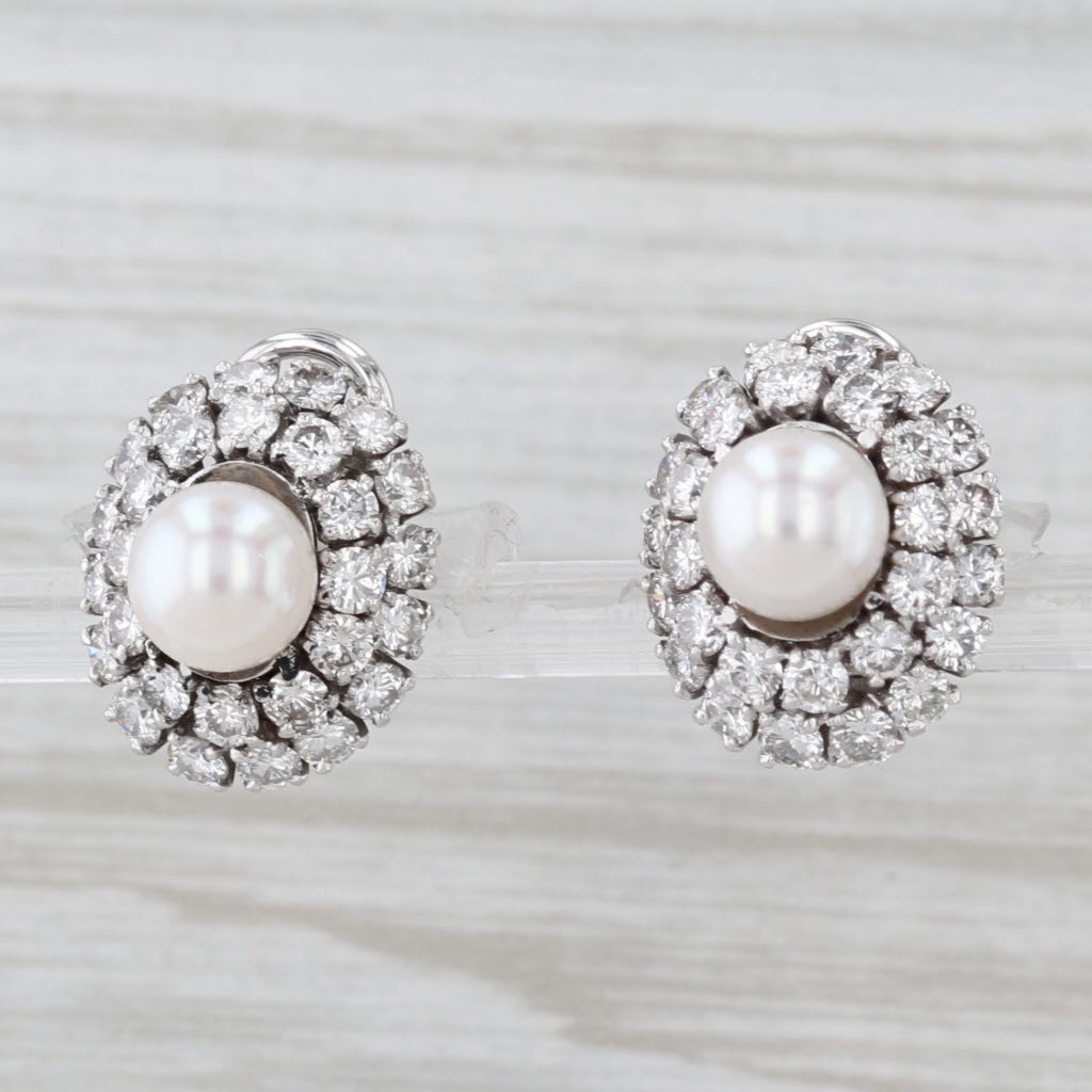 Light Gray Cultured Pearl 1.44ctw Diamond Halo Earrings 14k White Gold Clip On Non Pierced
