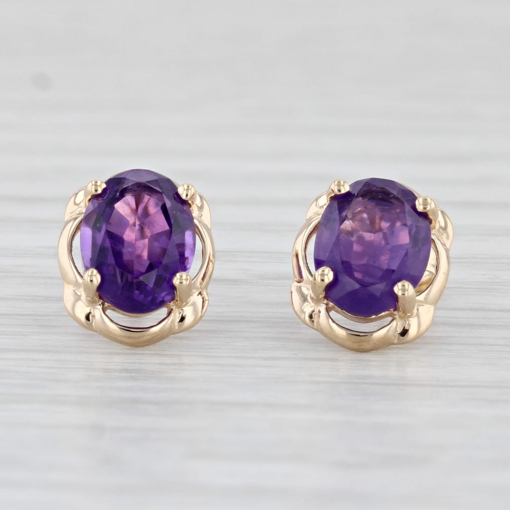 Light Gray 2.30ctw Amethyst Stud Earrings 14k Yellow Gold Oval Cabochon Solitaire