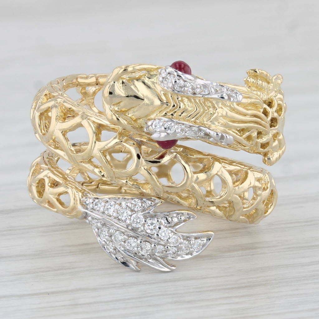 Gray John Hardy Coiling Naga Dragon Ring Ruby Diamond 18k Yellow Gold Size 7