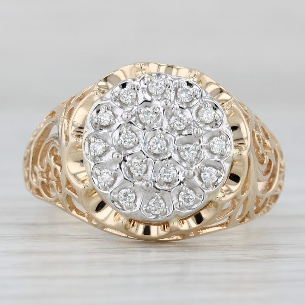 Light Gray 0.22ctw Diamond Cluster Belcher Setting Ring 10k Gold Ornate Openwork Size 10.25