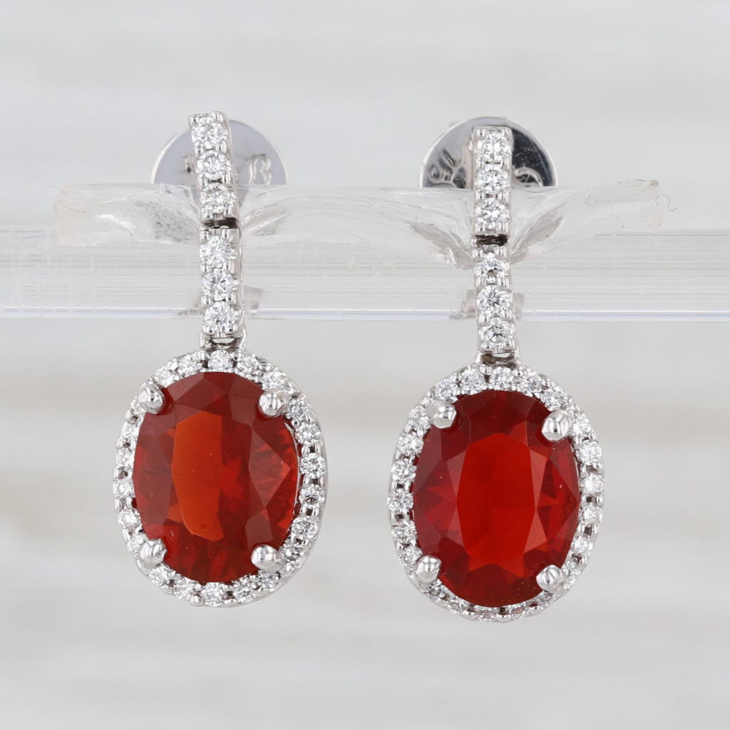2.53ctw Fire Opal Diamond Halo Drop Earrings 18k White Gold Dangles