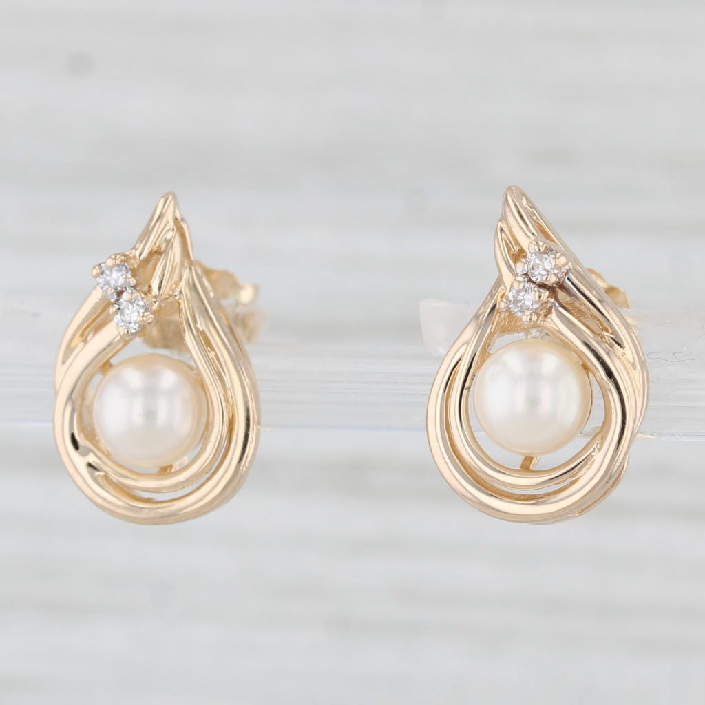 Light Gray Cultured Pearl Diamond Teardrop Earrings 14k Yellow Gold Studs