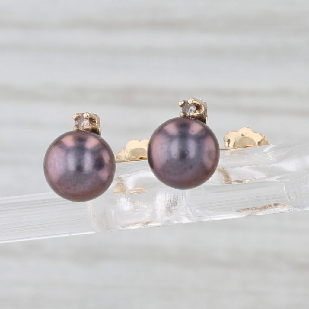 Black Cultured Pearl Stud Earrings 14k Yellow Gold Diamond Accents