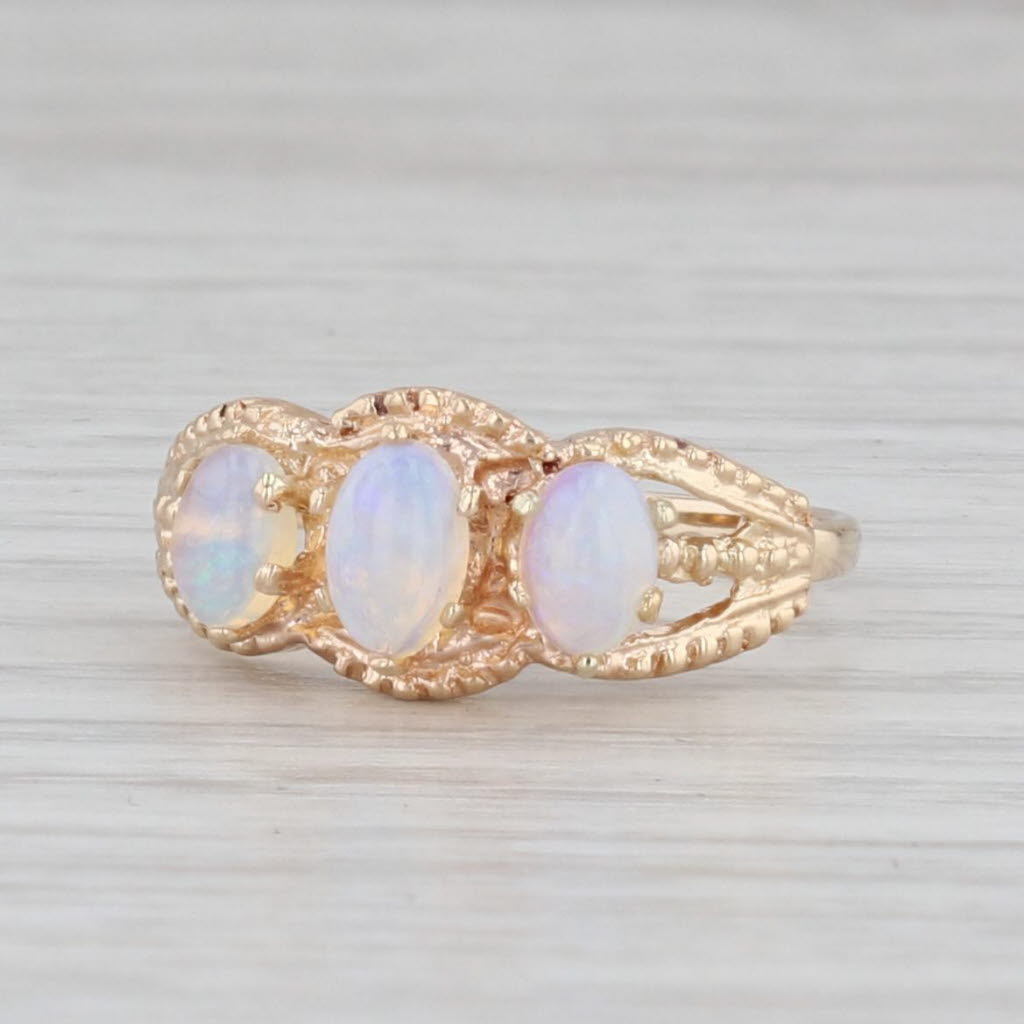 Light Gray Opal Cabochon 3-Stone Ring 14k Yellow Gold Size 7.5