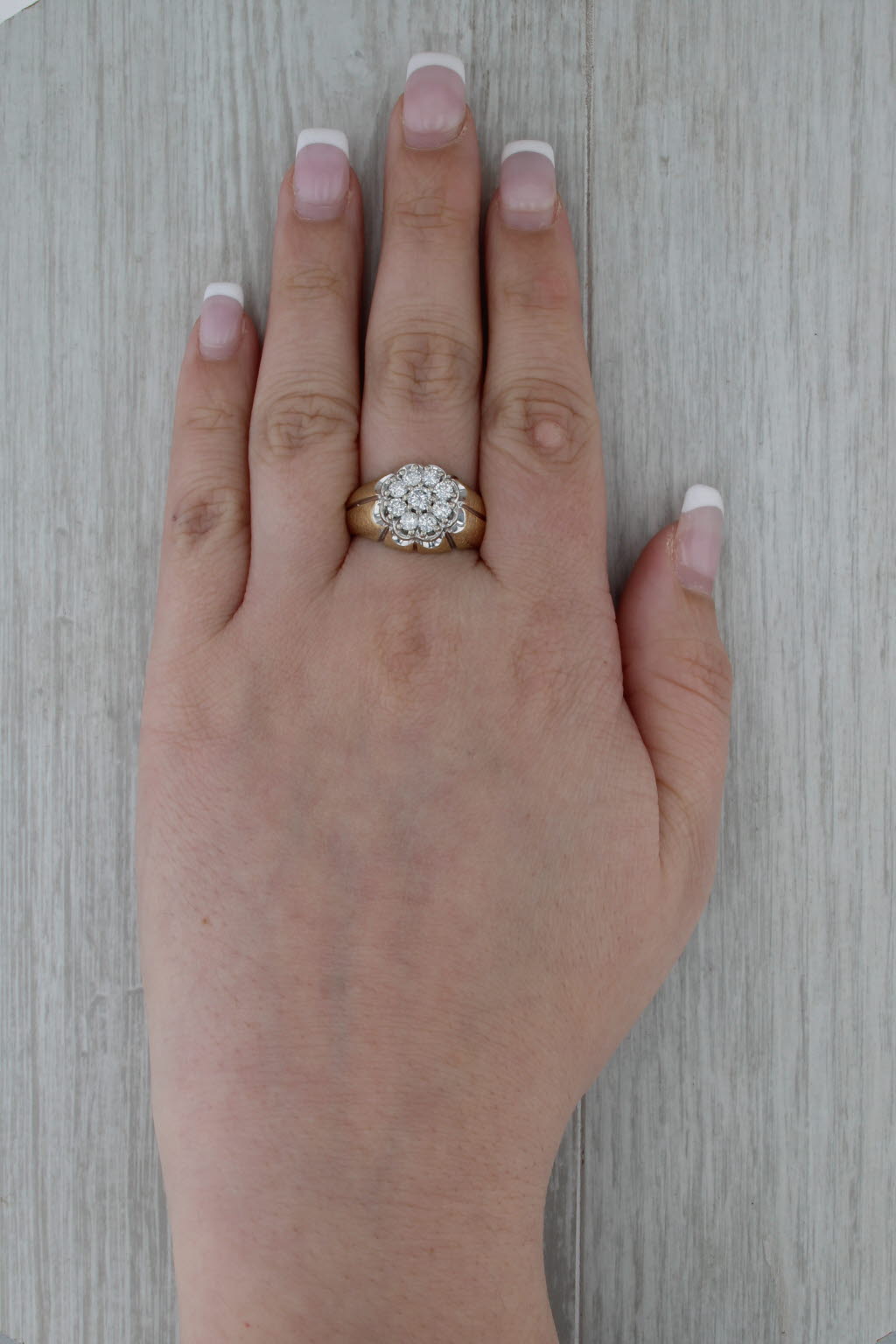 0.91ctw Diamond Cluster Belcher Setting Ring 14k Gold Vintage Size 12