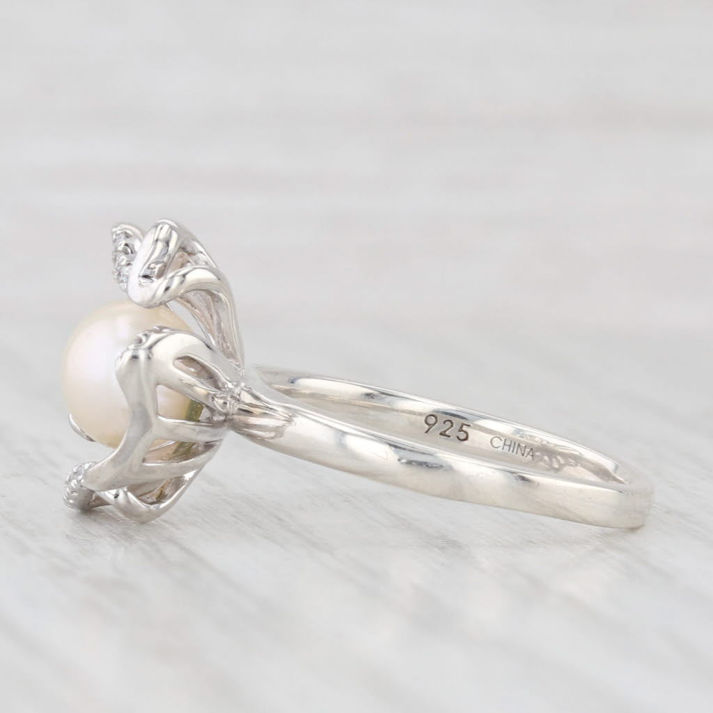 Light Gray Anne Geddes Cultured Pearl Diamond Rimmed Flower Ring Sterling Silver Size 6.25
