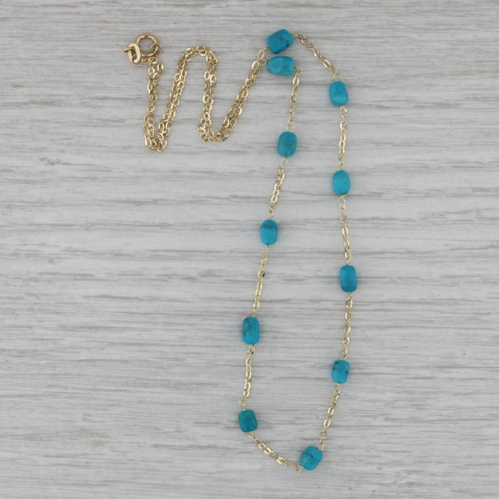 Turquoise Bead Station Necklace 14k Yellow Gold 18.25" Cable Chain Italy