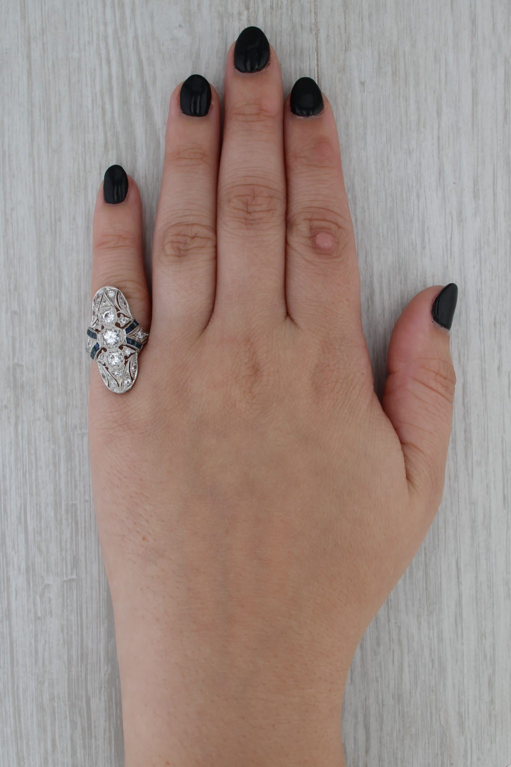 Art Deco Diamond Sapphire Lab Created Spinel Ring Platinum Size 5.25 Vintage