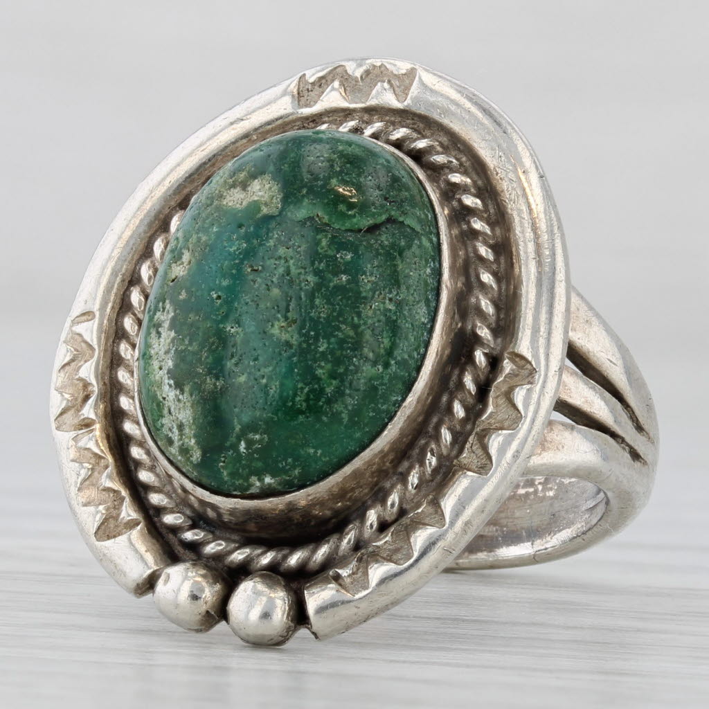 Light Gray Green Turquoise Native American Ring Vintage Silver Sz 8 Statement Oval Cabochon