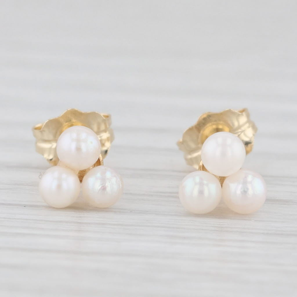 Light Gray 3-Stone Cluster Cultured Pearl Stud Earrings 10k Yellow Gold