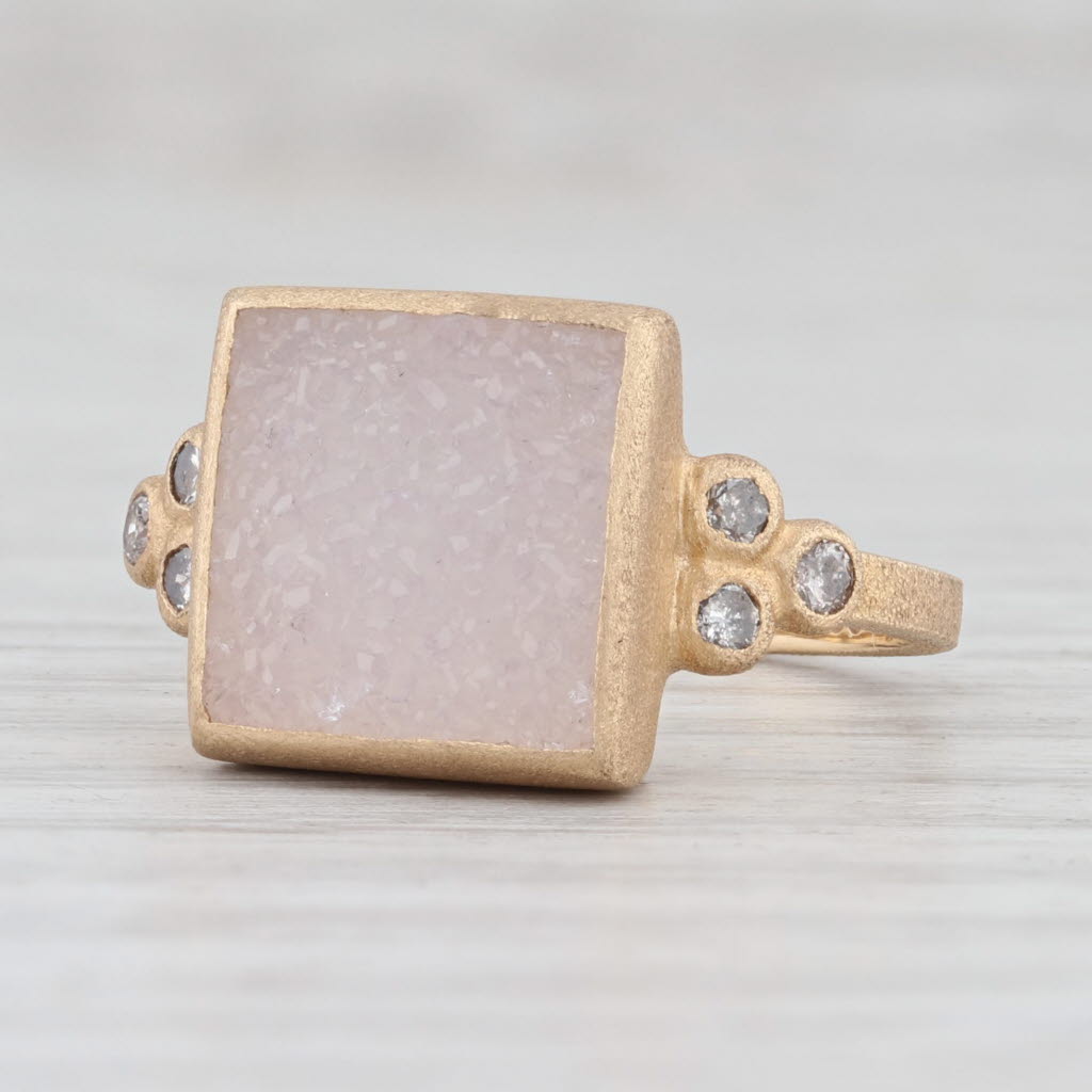 New Chloe Nina Wynn White Druzy Quartz Diamond Ring Brushed 18k Gold Size 7