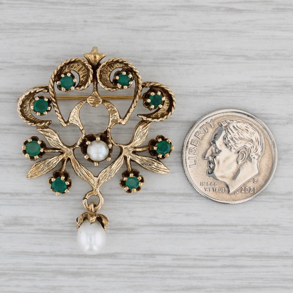 Gray Green Chalcedony Cultured Pearl Drop Brooch 14k Yellow Gold Vintage Floral Pin