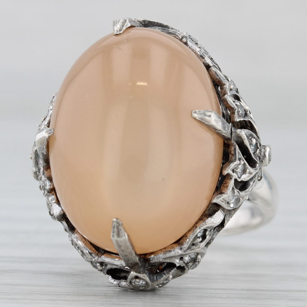 Gray Peach Star Moonstone Diamond Ring 800 Silver Vintage Ornate Size 5 Cocktail