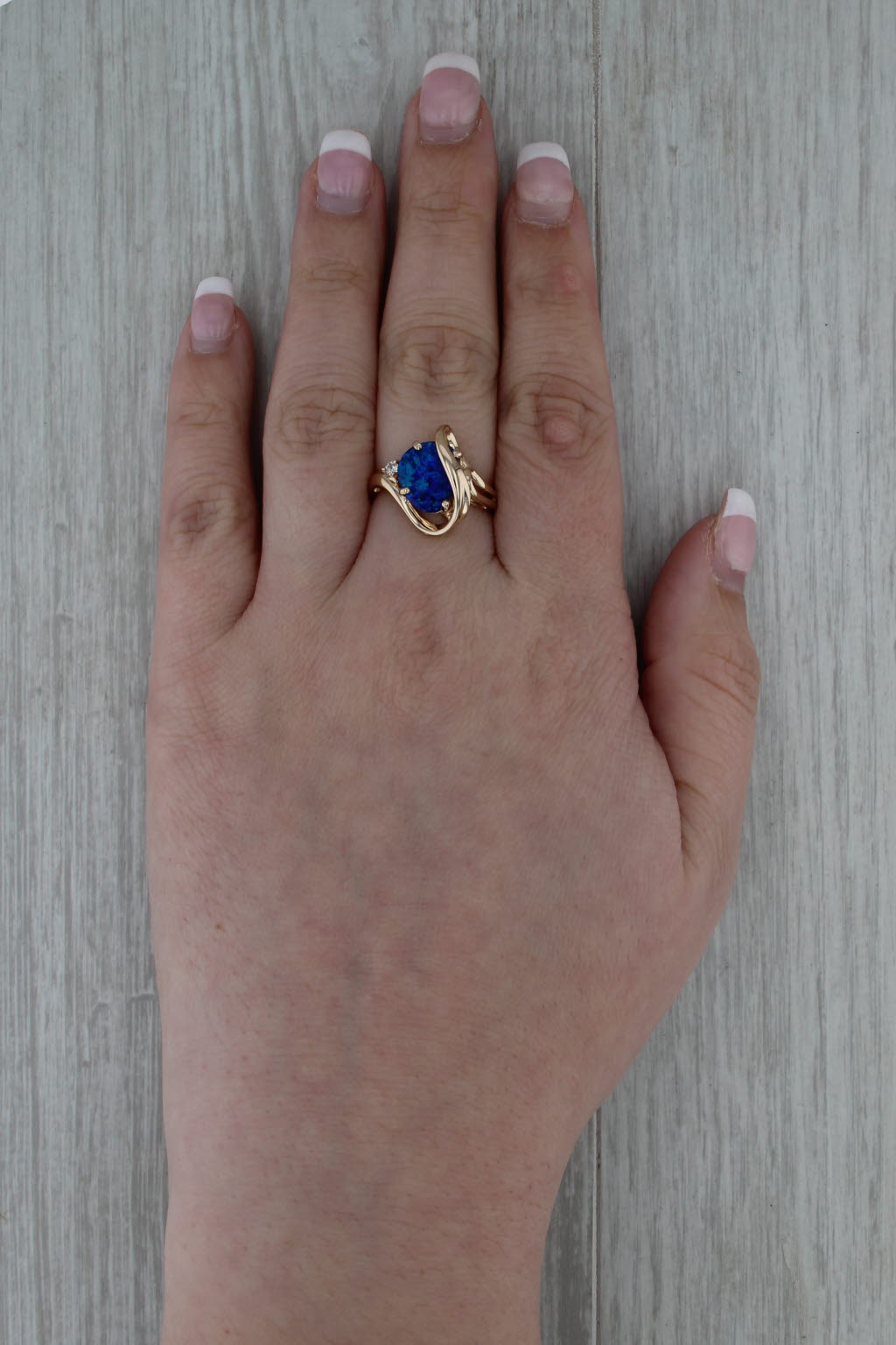 Blue Opal Triplet Diamond Bypass Ring 14k Yellow Gold Size 7.5