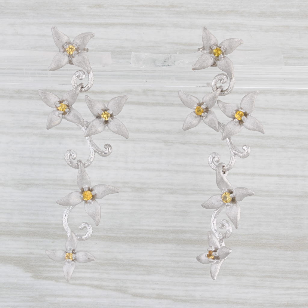 Light Gray Galatea 0.20ctw Yellow Sapphire Dangle Flower Earrings 14k White Gold Drop