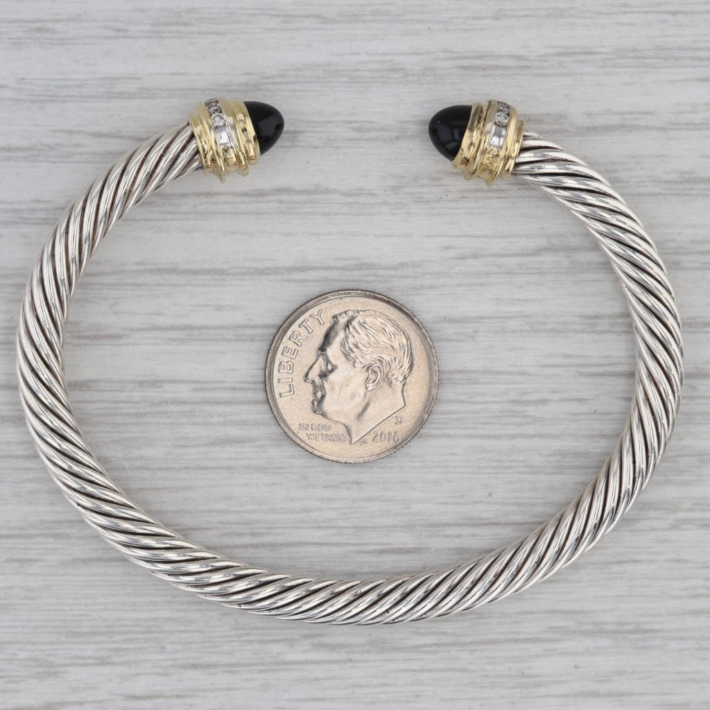 Gray David Yurman Onyx Diamond Cuff Bracelet Sterling Silver 18k Gold 6.5" 5mm