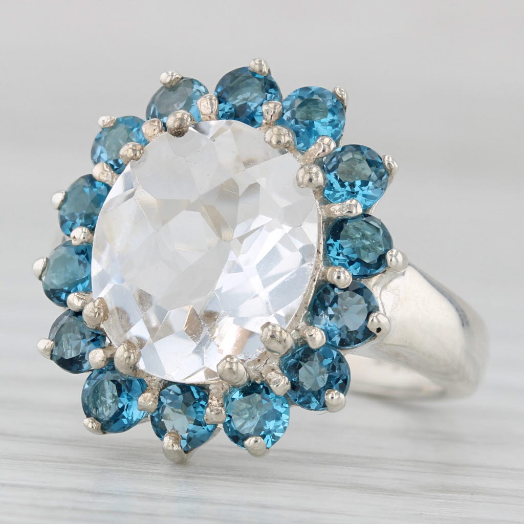 Light Gray Quartz Blue Topaz Halo Ring Sterling Silver Size 6 Statement Cocktail