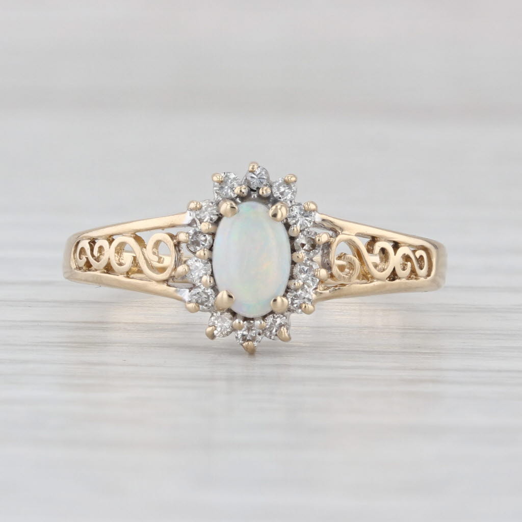 Opal Oval Cabochon Diamond Halo Ring 14k Yellow Gold Size 8