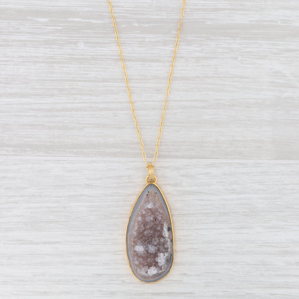 New Nina Wynn Agate Druzy Quartz Pendant Necklace Sterling Gold Vermeil