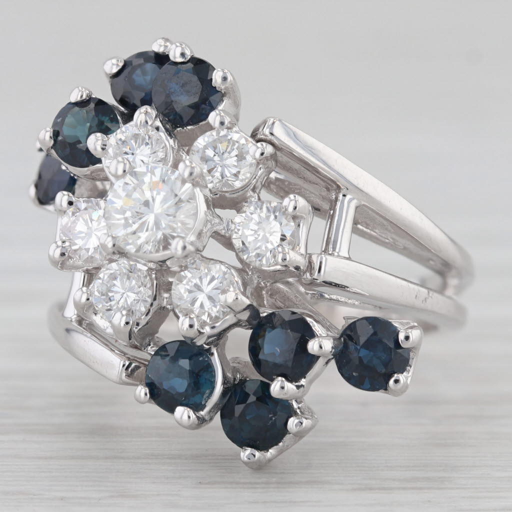 Gray 2.50ctw Blue Sapphire White Diamond Cluster Bypass Ring 14k White Gold Cocktail