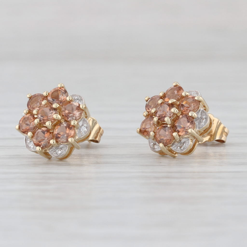1.43ctw Peach Feldspar Diamond Flower Stud Earrings 10k Yellow Gold Studs