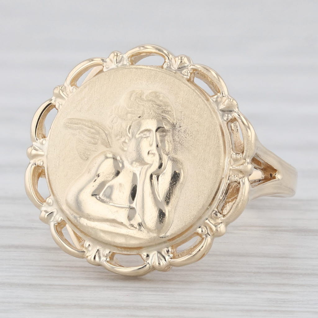 Light Gray Cherub Guardian Angel Ring 14k Yellow Gold Size 5.25 Coin Signet Style