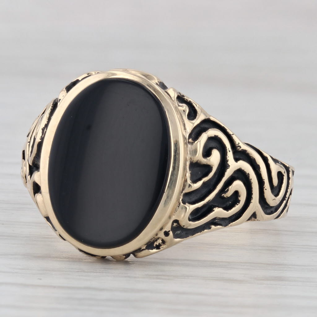 Light Gray ornate Onyx Men's Ring 10k Yellow Gold Size 13.5 Vintage