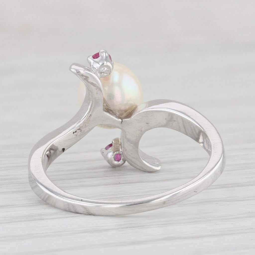 Light Gray Cultured Pearl Ruby Bypass Ring 14k White Gold Size 7