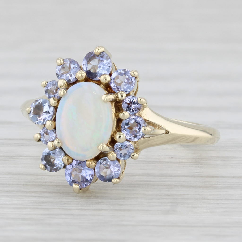 Light Gray Oval Cabochon Opal 0.80ctw Tanzanite Halo Ring 14k Yellow Gold Size 8