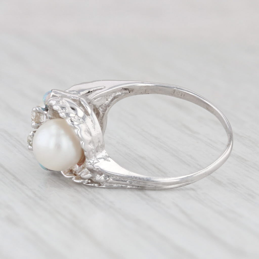 Light Gray Vintage Cultured Pearl Diamond Opal Ring 14k White Gold Size 7